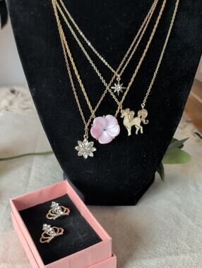 Princesscore Fairytale Jewelry Lot Crown Earrings, Whimsical Horse, Pink Floral,